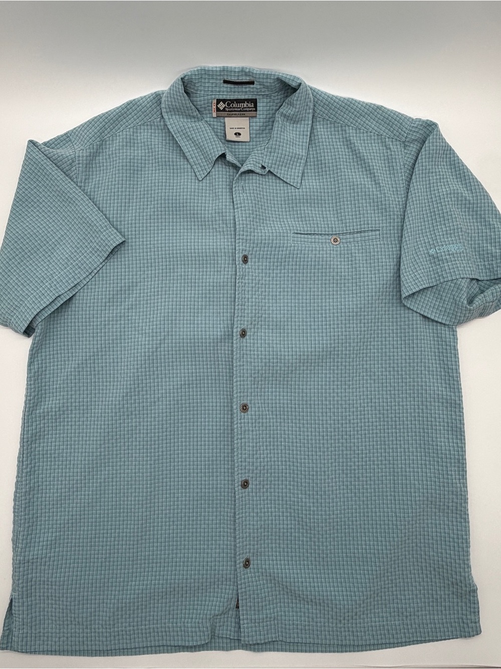 Columbia Men's Large Short Sleeve Button Up Shirt Blue Check Grid Modal Blend